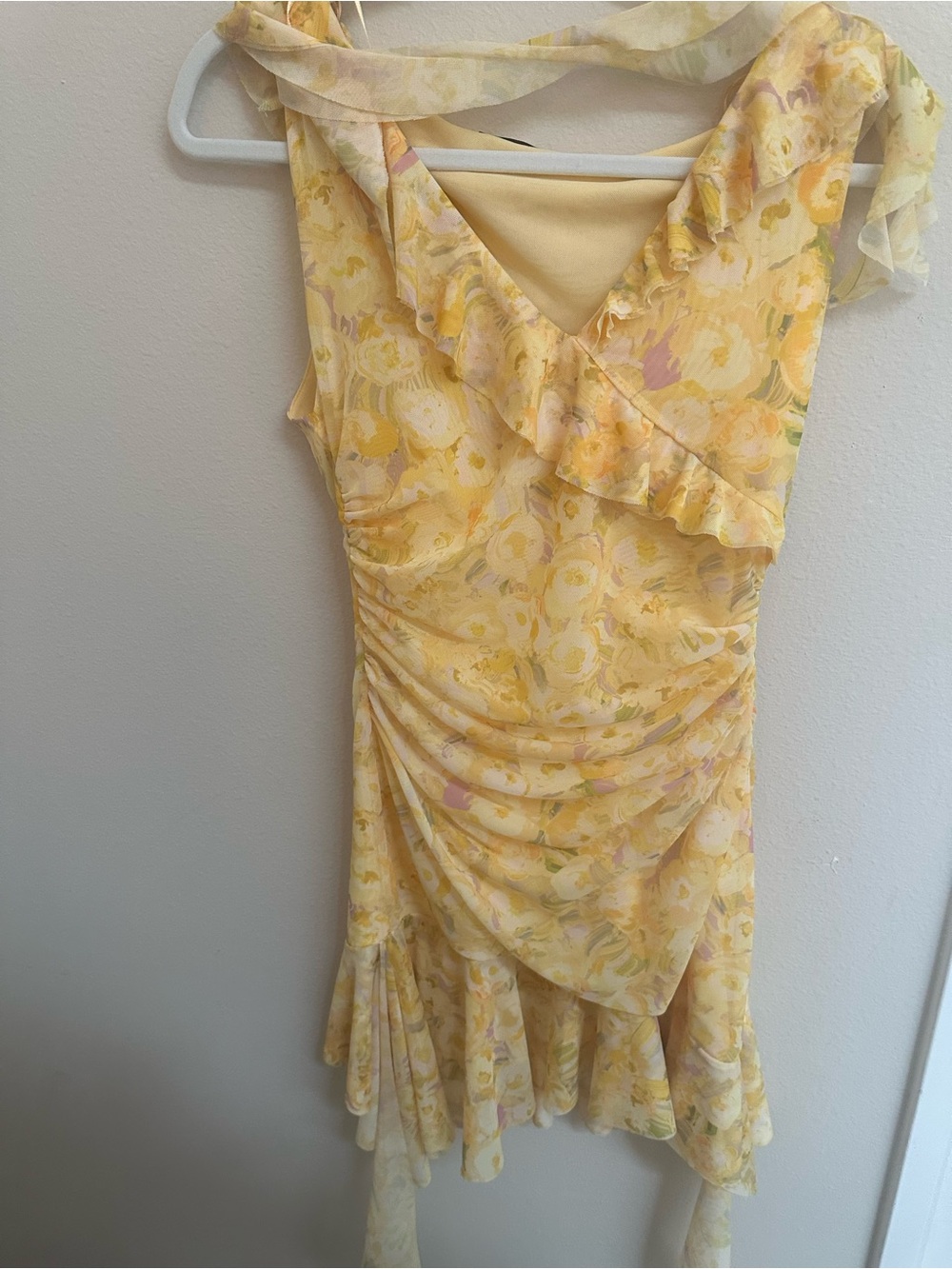 ZARA Yellow Floral Mesh Ruched Ruffle Dress Cocktail Wedding Guest L
